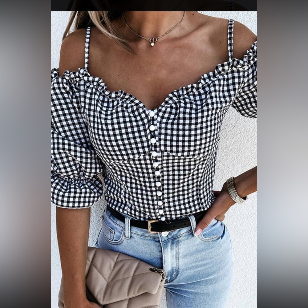 Sweetheart Gingham Button Down Cold Shoulder Blou… - image 1